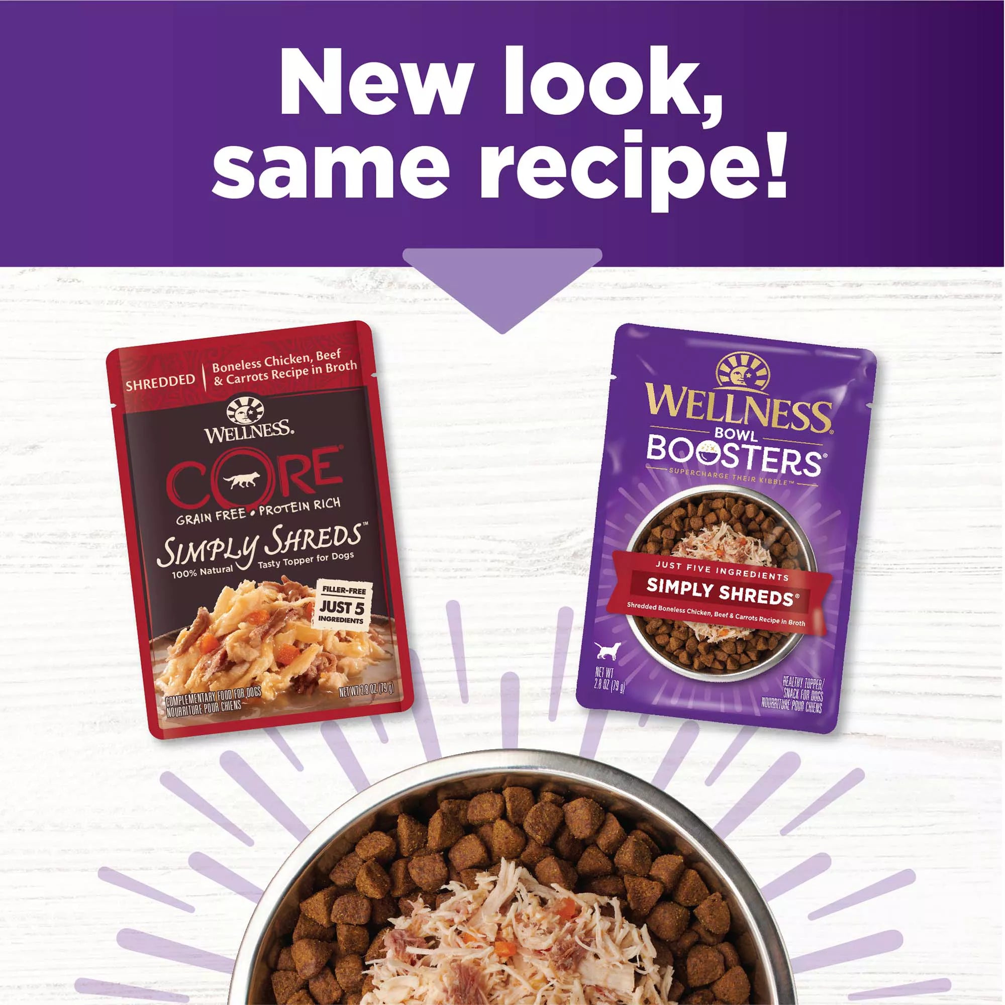 Wellness Bowl Boosters Simply Shreds All Life Stage Dog Food Topper - Grain-Free Pet Food, Chicken & Beef