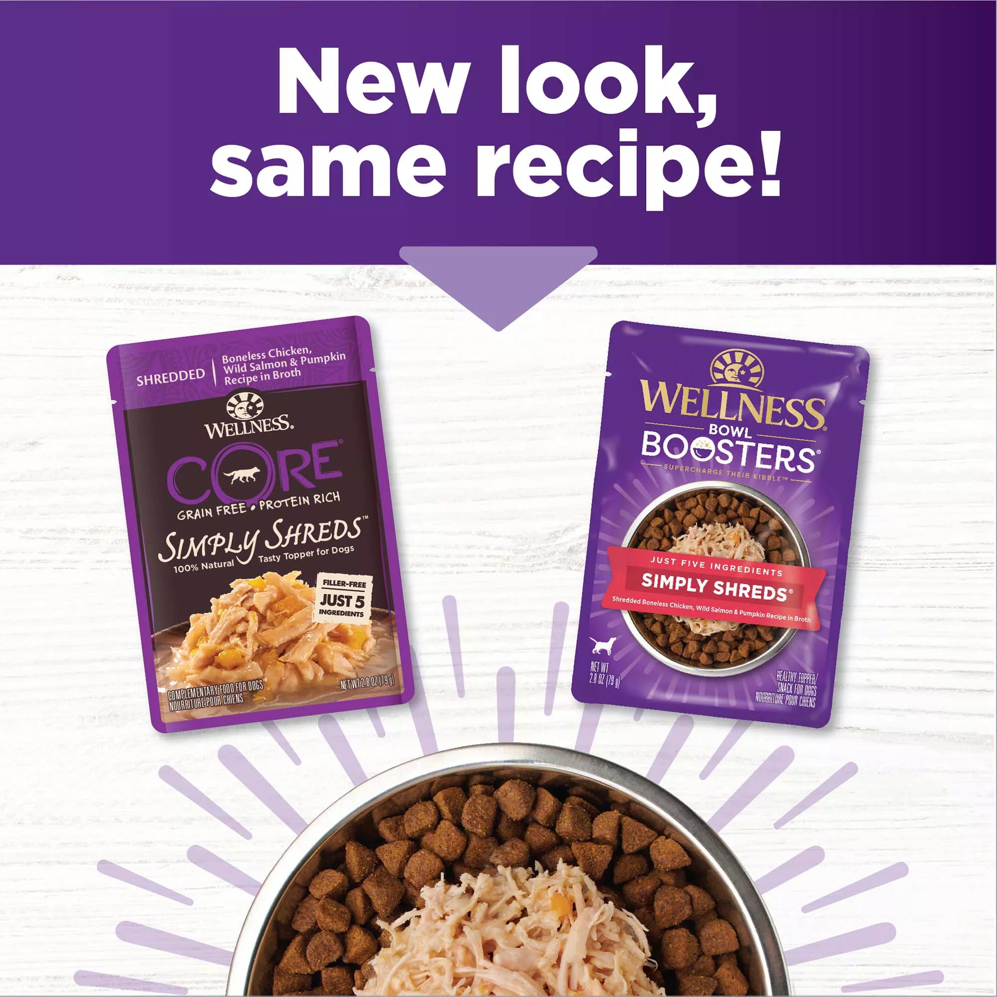 Wellness Bowl Boosters Simply Shreds All Life Stage Dog Food Topper - Grain-Free Pet Food, Chicken & Salmon