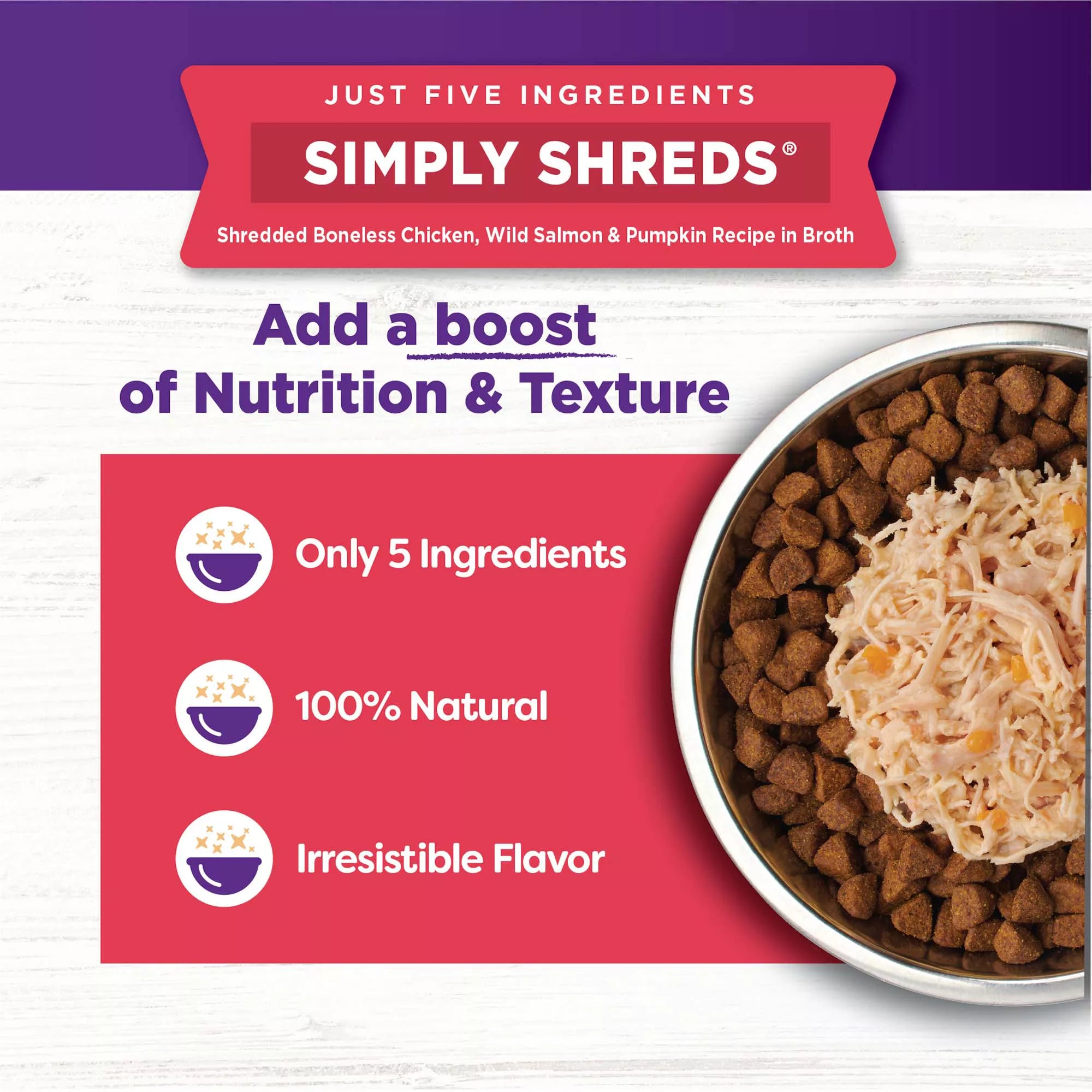 Wellness Bowl Boosters Simply Shreds All Life Stage Dog Food Topper - Grain-Free Pet Food, Chicken & Salmon
