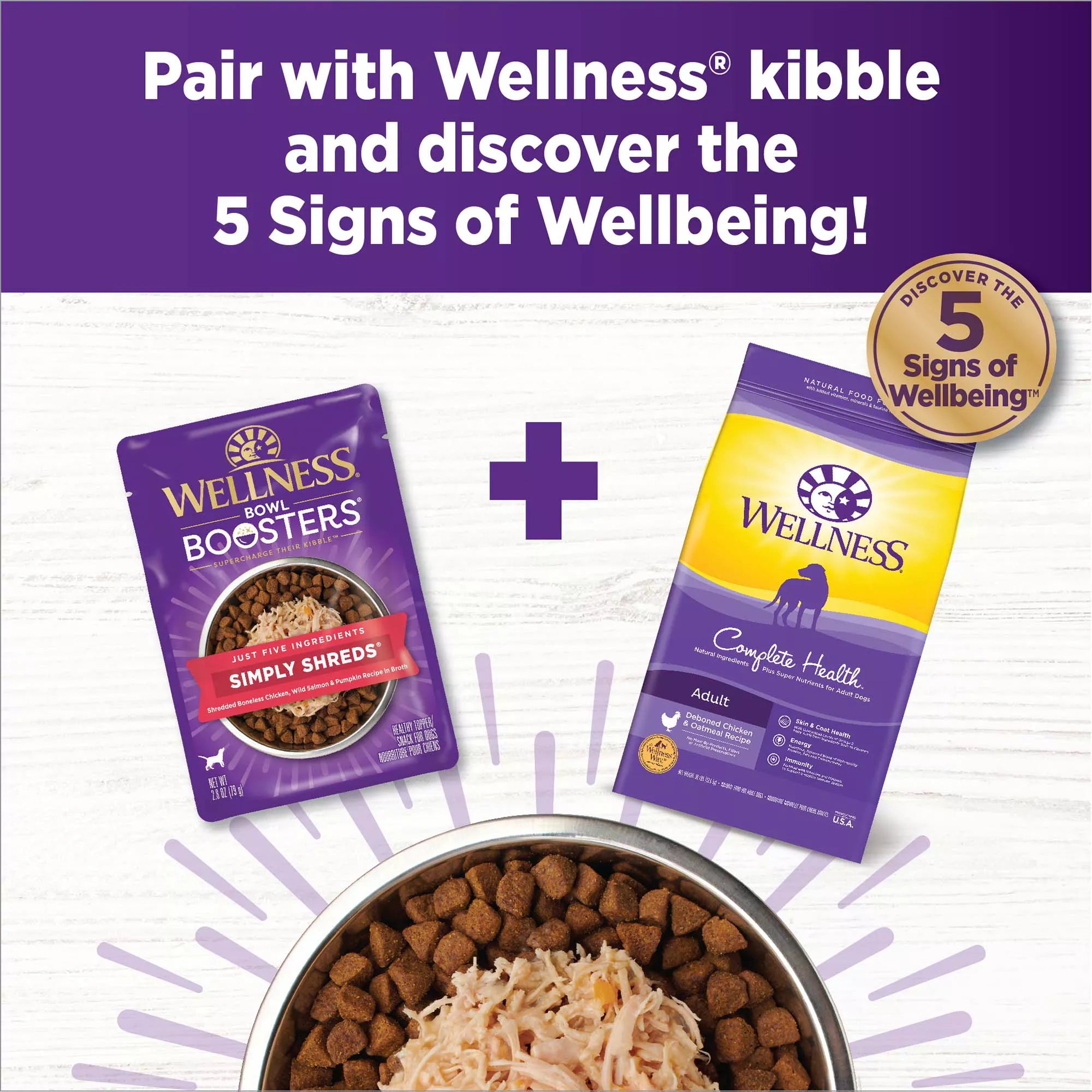 Wellness Bowl Boosters Simply Shreds All Life Stage Dog Food Topper - Grain-Free Pet Food, Chicken & Salmon
