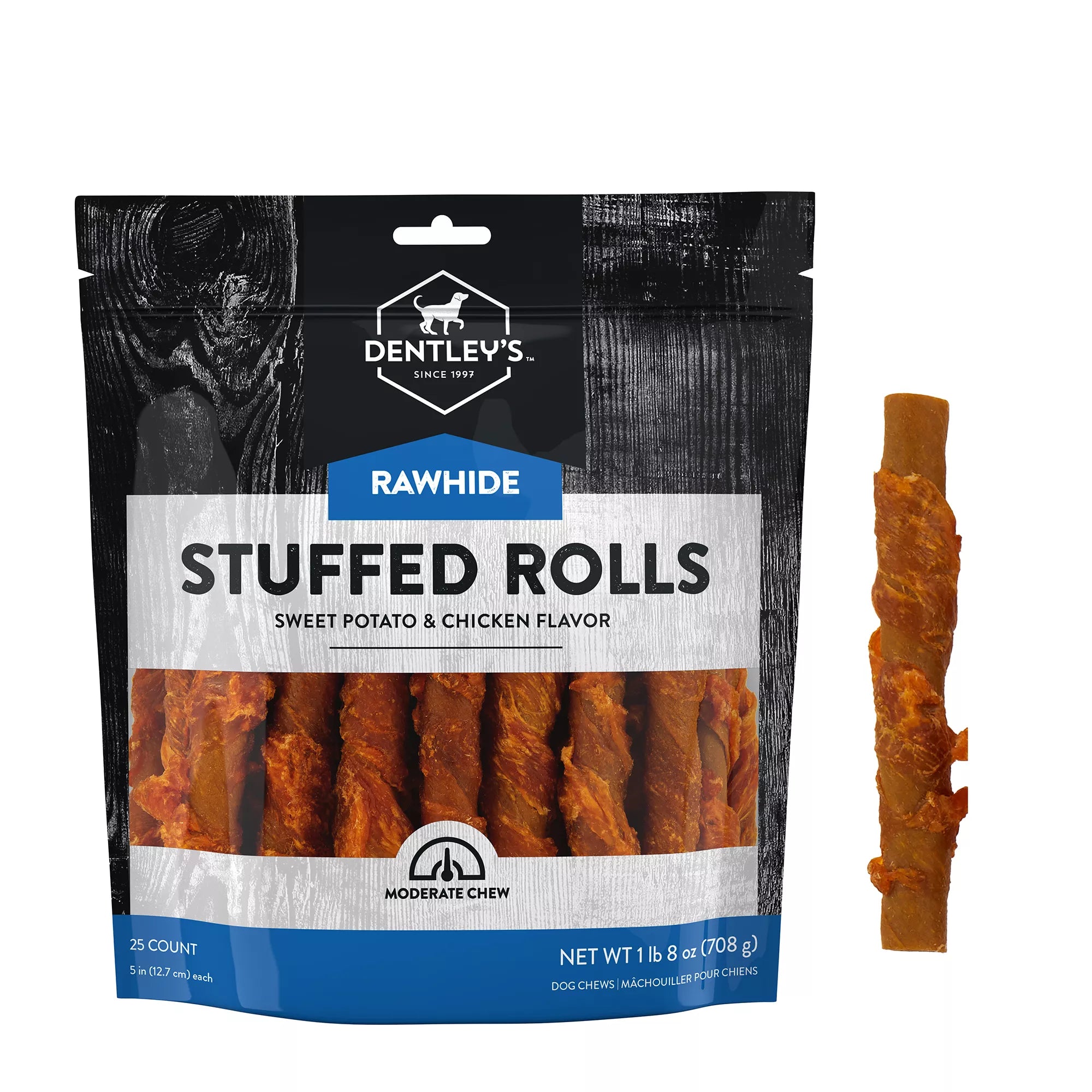 Dentley's Gourmet Rawhide Stuffed Rolls Dog Treats - Sweet Potato & Chicken