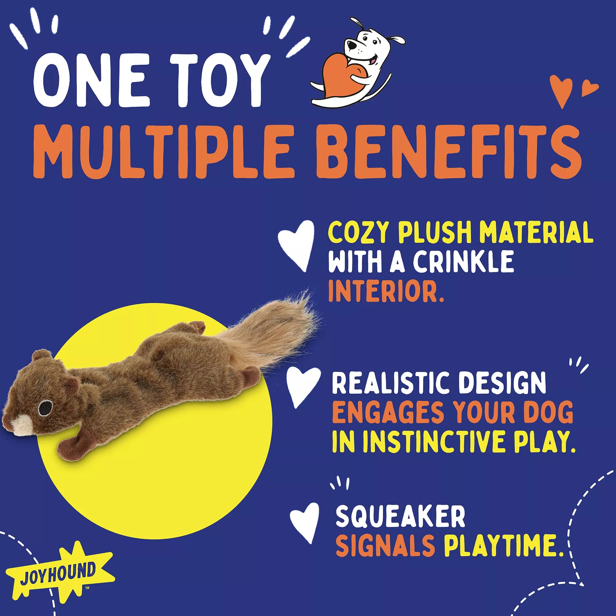 Joyhound Crazy Comfy Realistic Squirrel Flattie Dog Toy - Crinkle, Squeaker