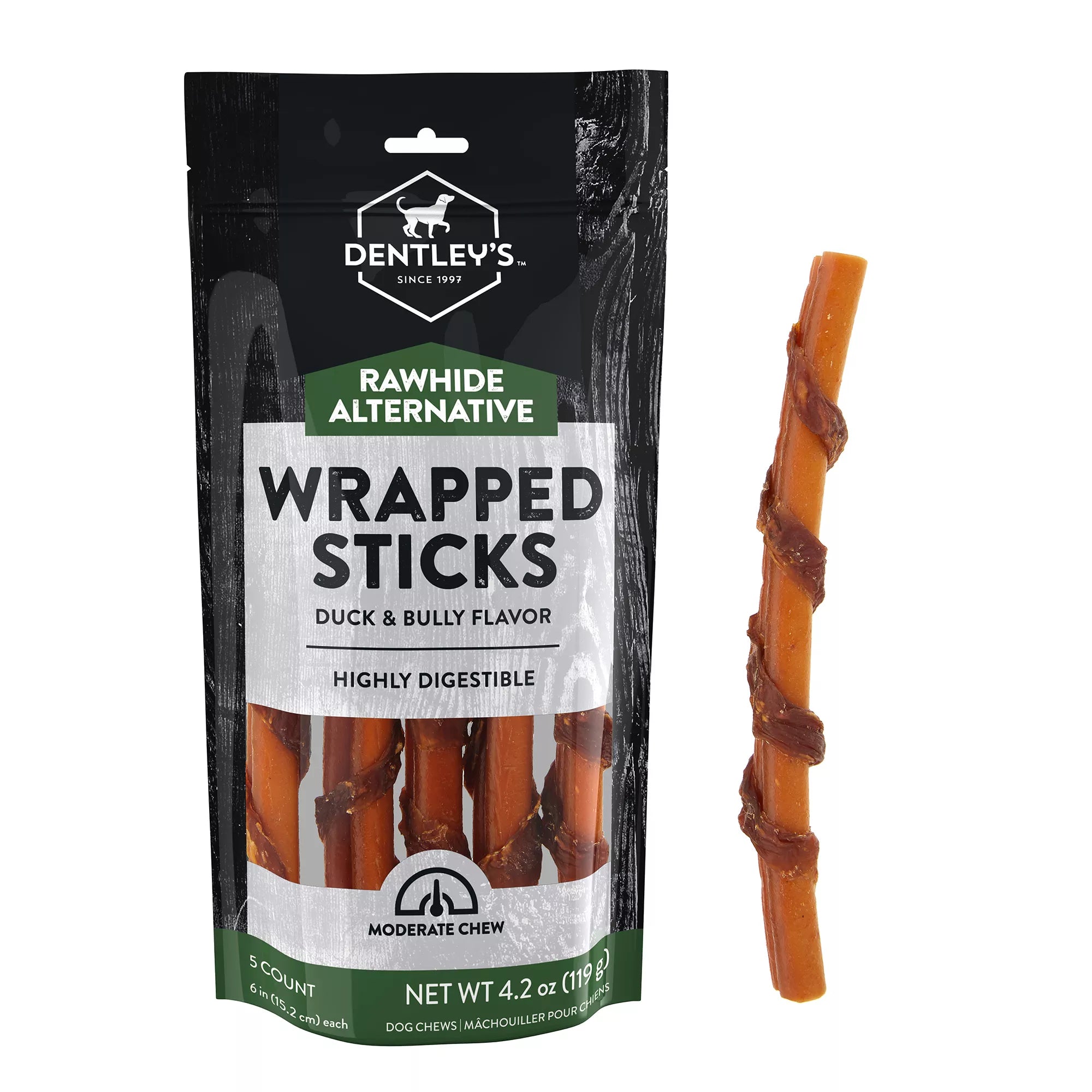 Dentley's Rawhide-Free 6" Duck Wrapped Bully Stick Dog Chew - Duck, 5 Count