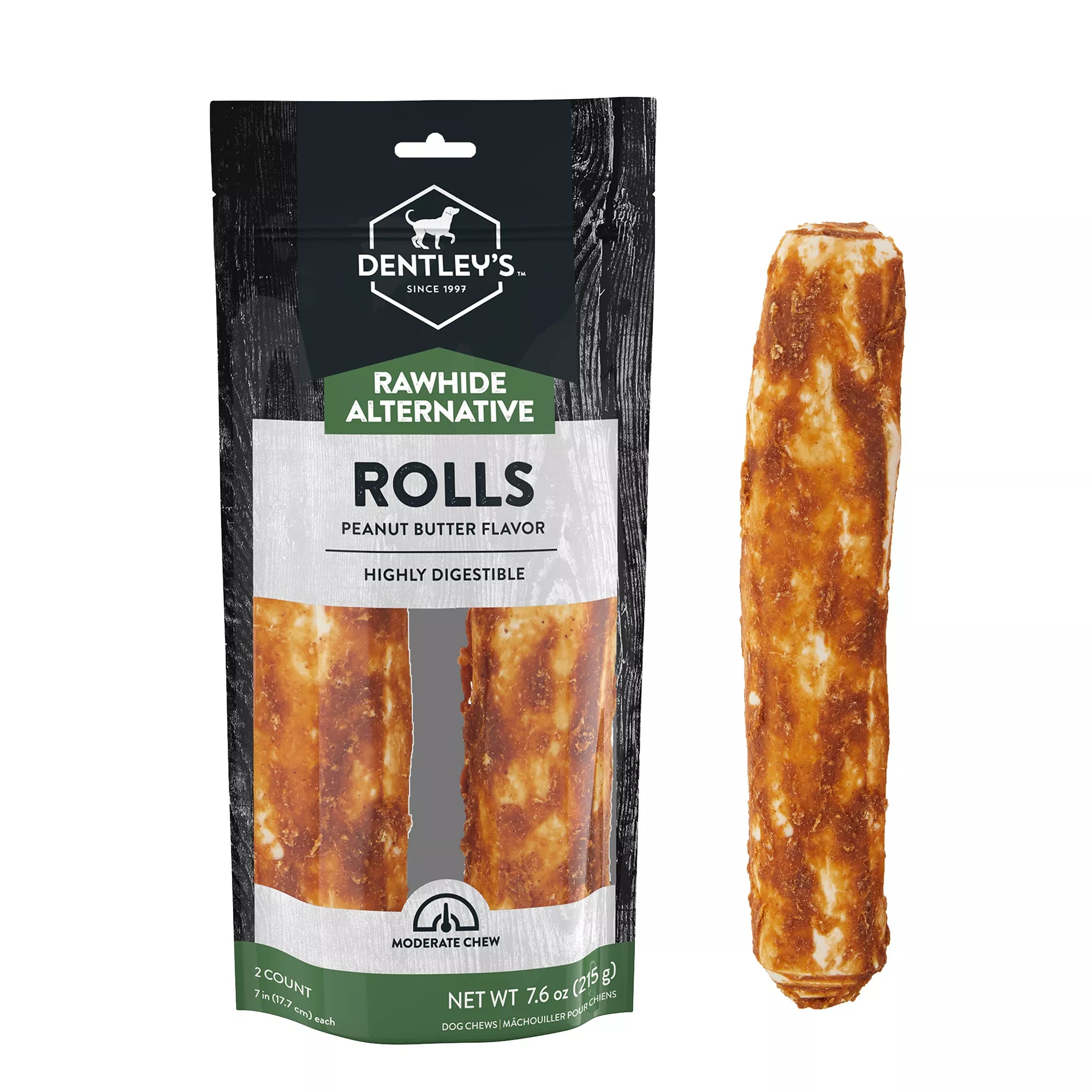 Dentley's Rawhide-Free 7" Retriever Rolls Dog Chew - Peanut Butter, 2 Count