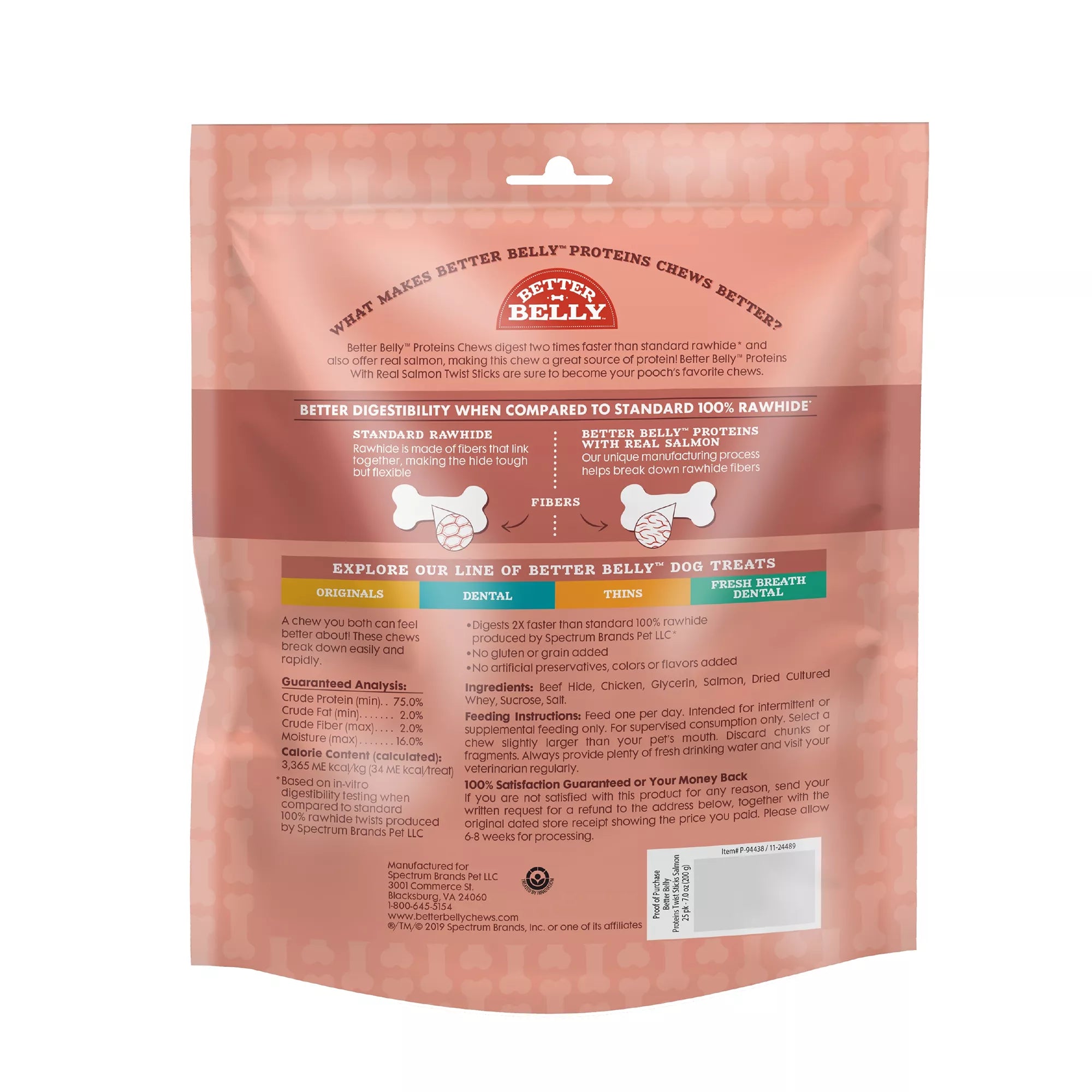 Better Belly Proteins Rawhide Twist Sticks Dog Treats - Real Salmon