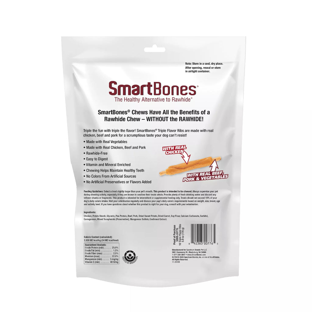SmartBones Triple Flavor Ribs Dog Treat - Chicken, Beef & Pork