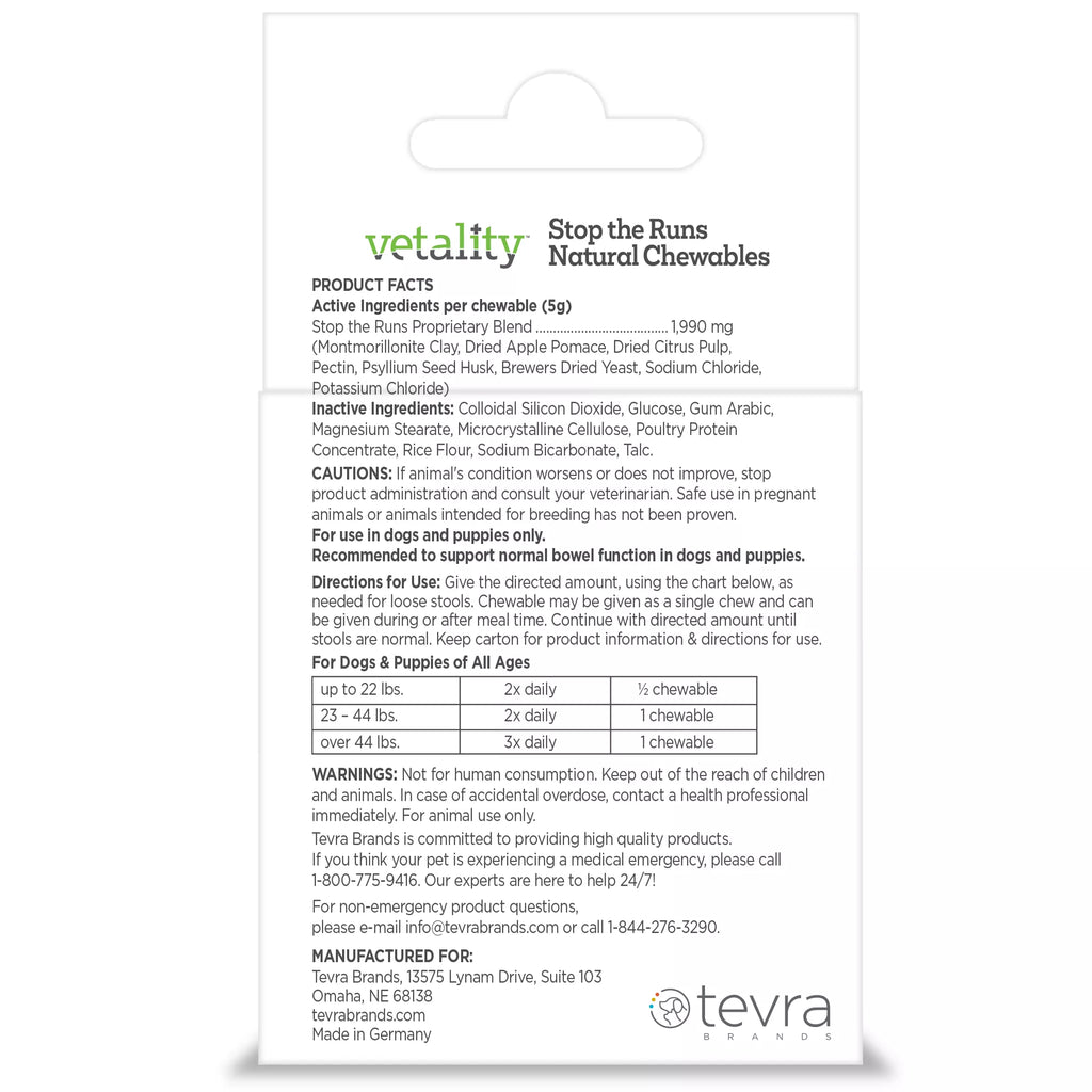 Vetality "Stop The Runs" 5g Chewables for Dogs - Probiotic & Degestive Supplement - 6 Count