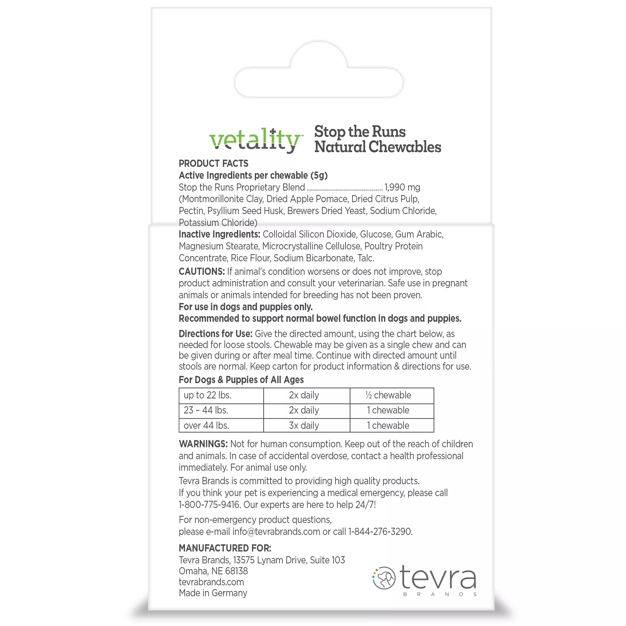Vetality "Stop The Runs" 5g Chewables for Dogs - Probiotic & Degestive Supplement - 6 Count