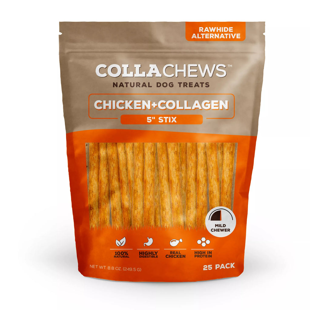 Collachews Beef + Collagen Rawhide Free 5" Stix Dog Treat - Chicken, 25 Count