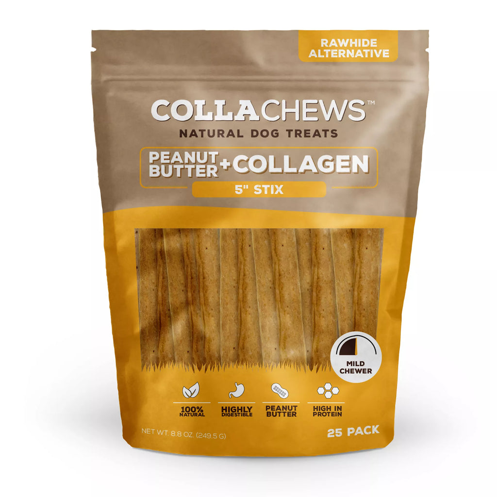 Collachews Beef + Collagen Rawhide Free 5" Stix Dog Treat - Peanut Butter, 25 Count