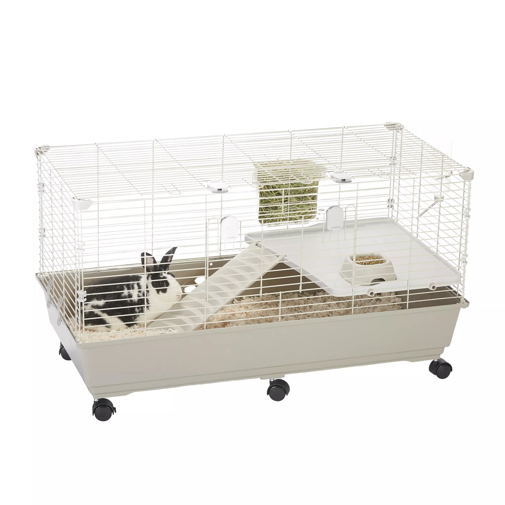 Full Cheeks Split-Level Rabbit Habitat - Includes Cage, Shelf, Ramp, Wheels, & Feeding Accs.