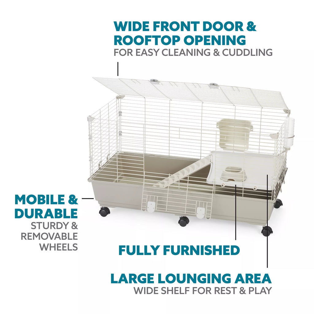 Full Cheeks Split-Level Rabbit Habitat - Includes Cage, Shelf, Ramp, Wheels, & Feeding Accs.