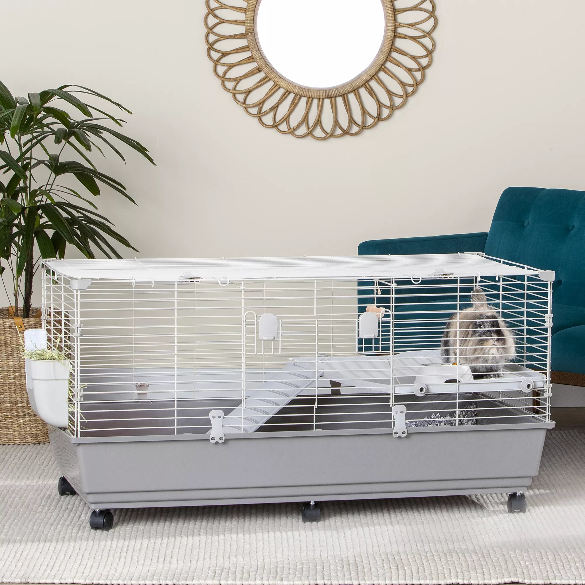 Full Cheeks Split-Level Rabbit Habitat - Includes Cage, Shelf, Ramp, Wheels, & Feeding Accs.