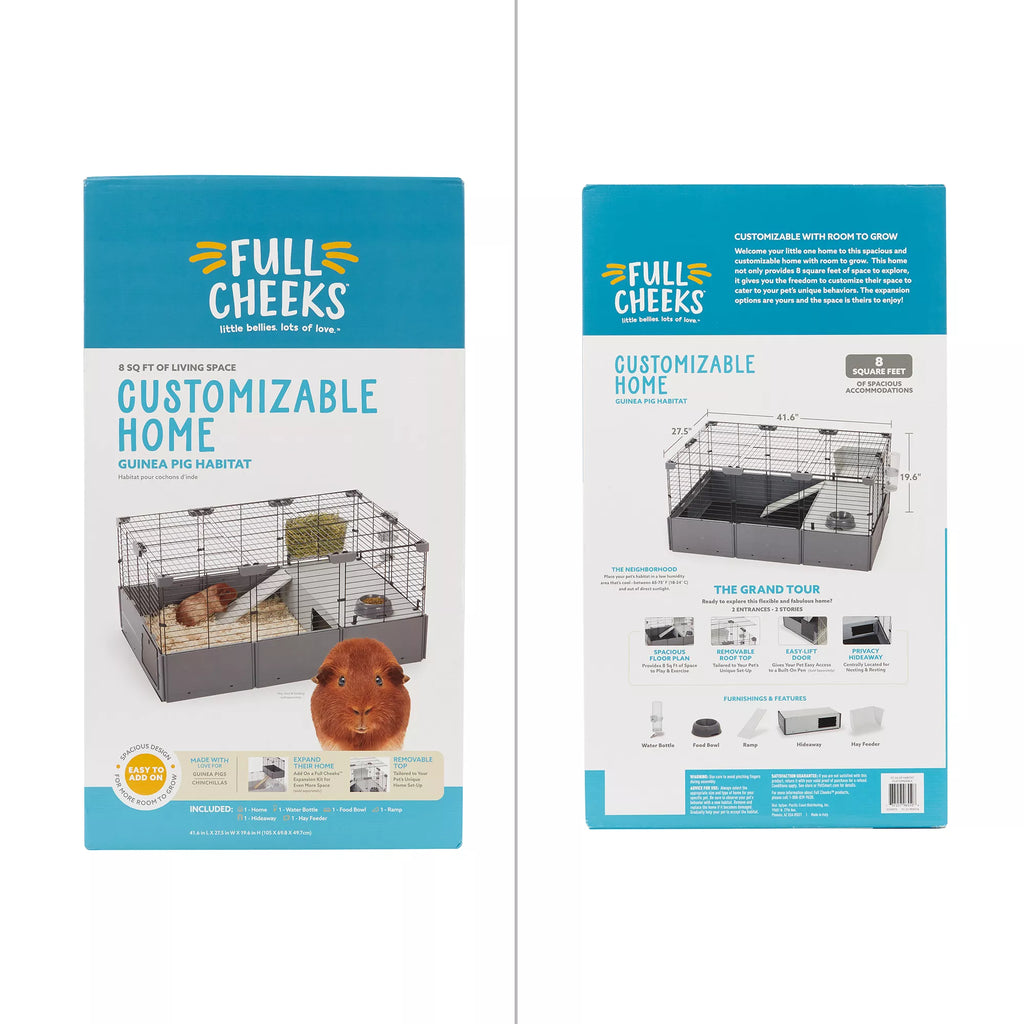 Full Cheeks Customizable Small Pet Habitat - Includes Cage, Hideaway, Hay Feeder, Bowl, & Bot