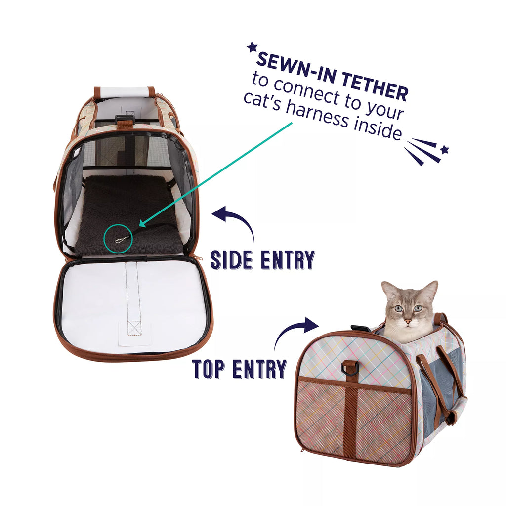 Whisker City Tan Plaid Soft-Sided Cat Carrier