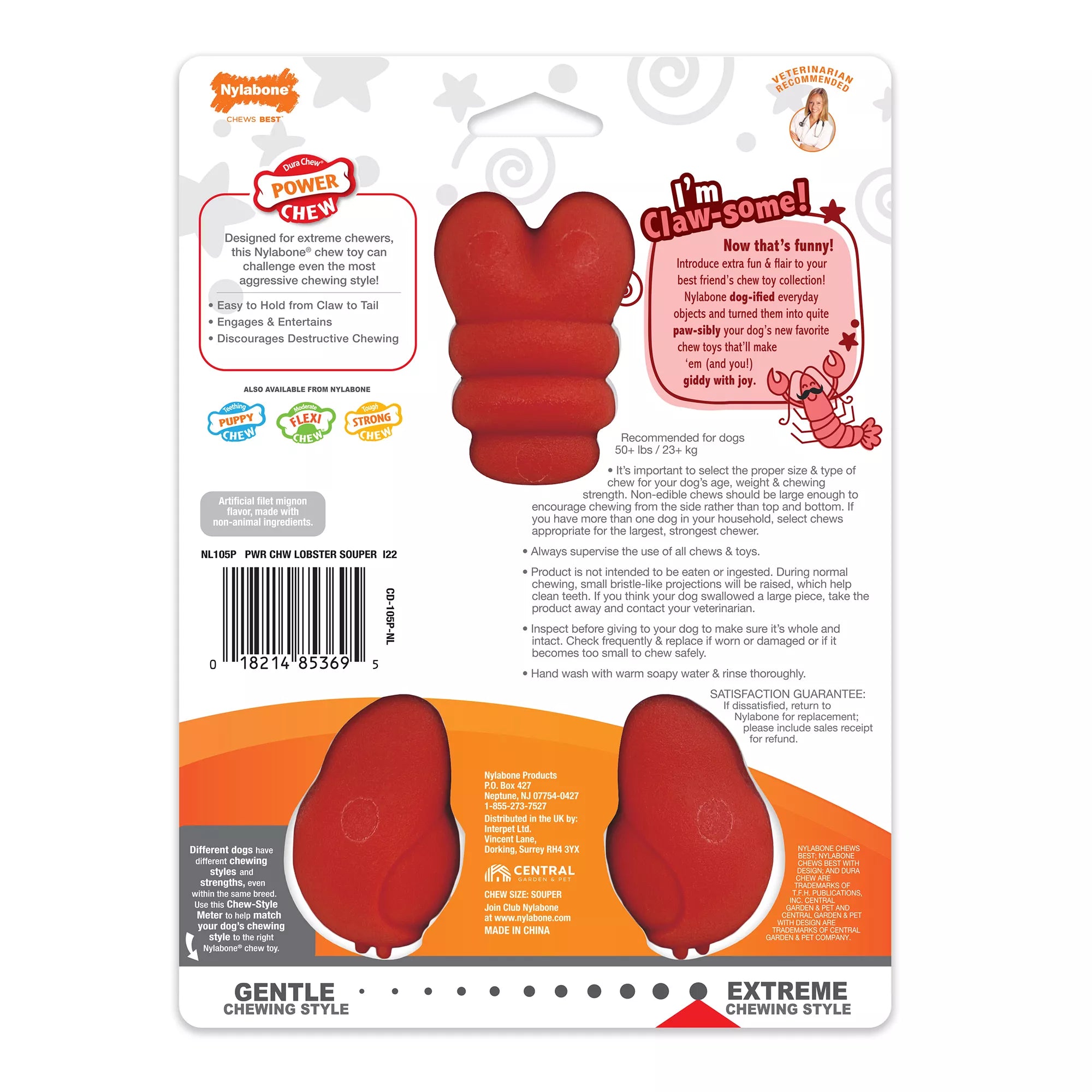 Nylabone Power Chew Lobster Dog Toy, Filet Mignon Flavor