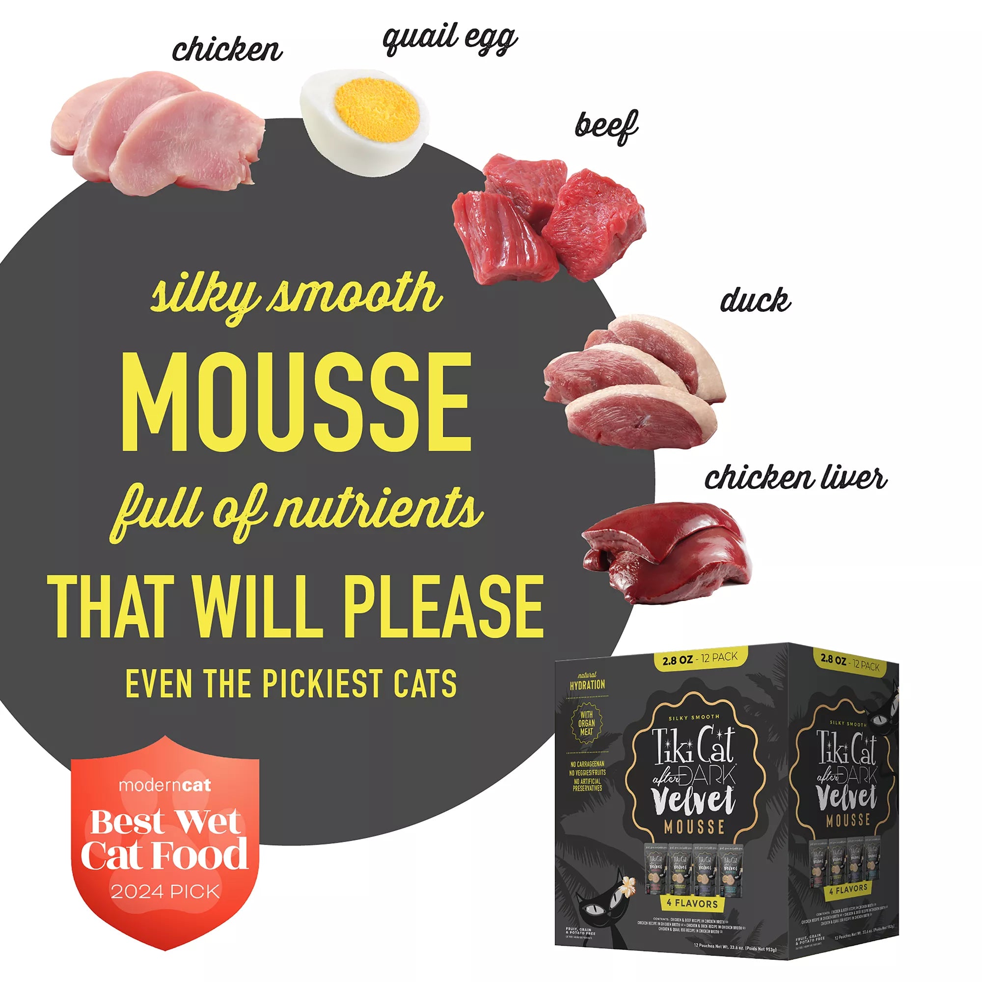 Tiki Cat After Dark Velvet Mousse - Non-GMO, Grain-Free Pet Food - Pet Food Variety Pack, 12ct