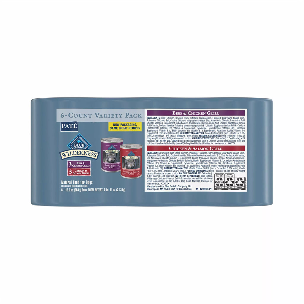 Blue Buffalo Wilderness Pet Food Variety Pack Adult Wet Dog Food - Grain-Free Pet Food, 12.5 oz, 6 Count