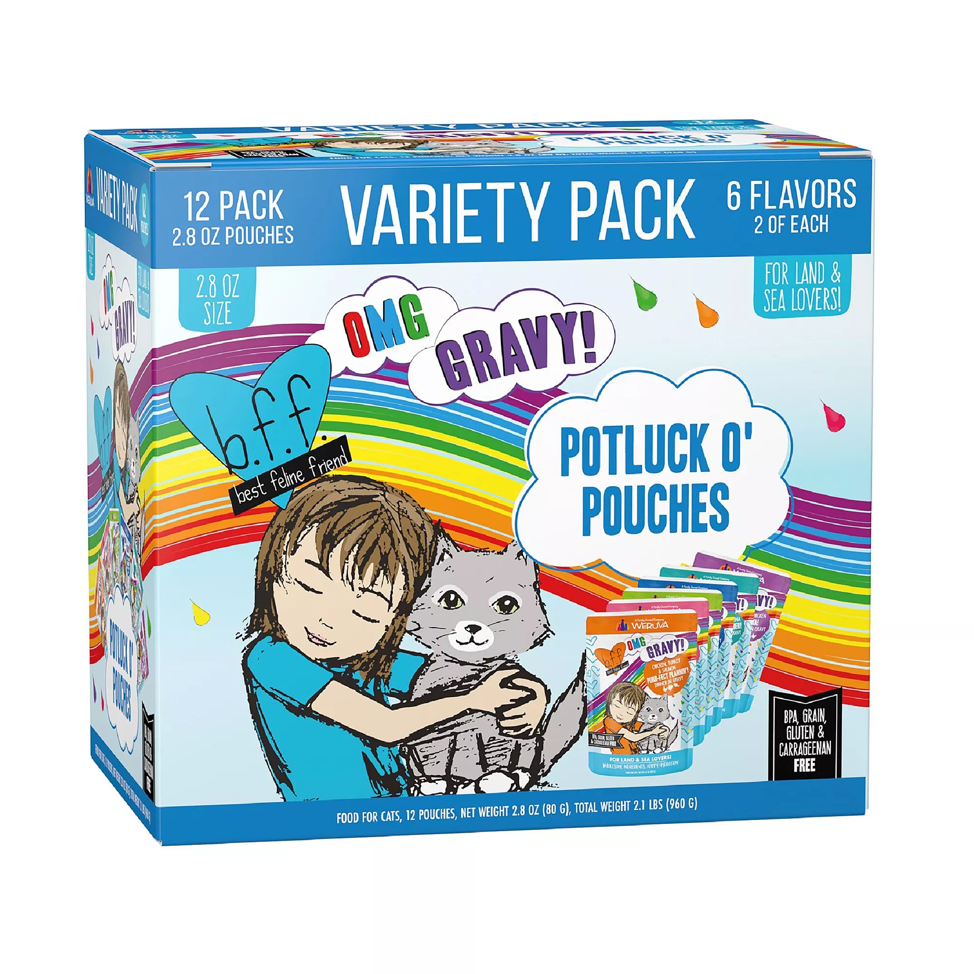 B.F.F. OMG Wet Pet Food in Gravy! For Land & Sea Lovers Potluck O' Pouches Wet Cat Food - Pet Food Variety Pack, 12ct