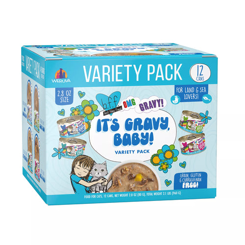 B.F.F. OMG Wet Pet Food in Gravy! For Land & Sea Lovers It's Wet Pet Food in Gravy, Baby! Wet Cat Food - Pet Food Variety Pack, 12ct