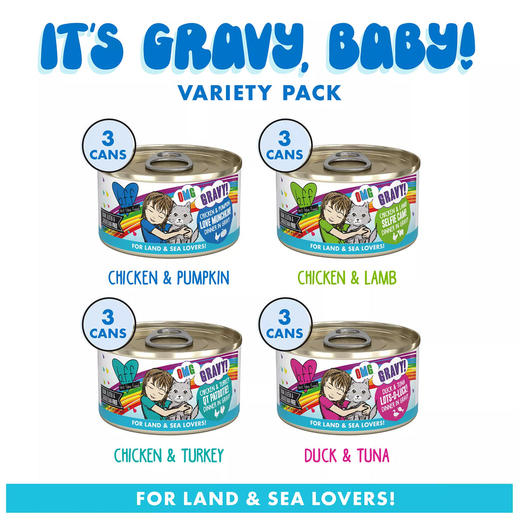 B.F.F. OMG Wet Pet Food in Gravy! For Land & Sea Lovers It's Wet Pet Food in Gravy, Baby! Wet Cat Food - Pet Food Variety Pack, 12ct