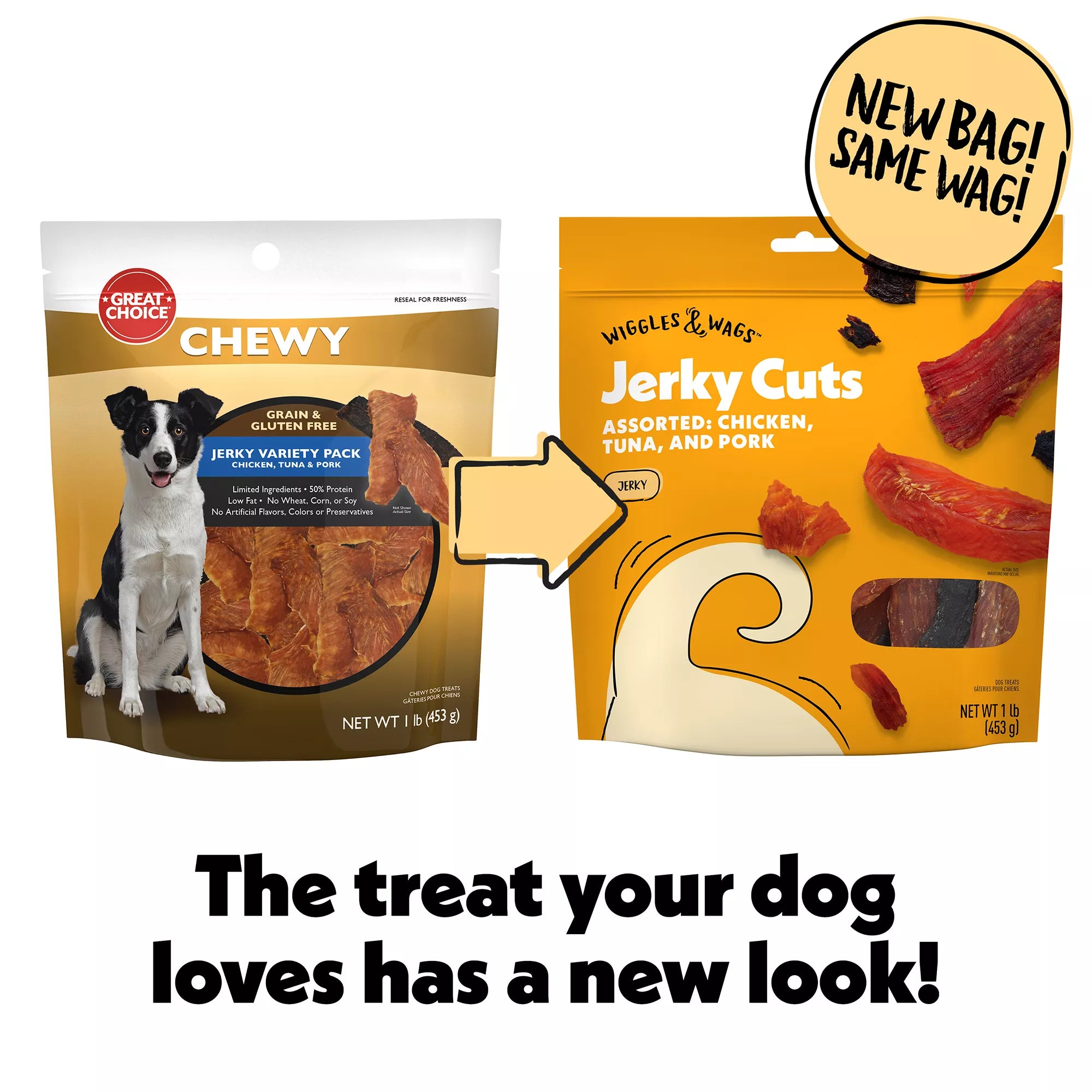 Wiggles & Wags Chicken, Tuna & Pork Jerky Cuts Dog Treats 16 OZ