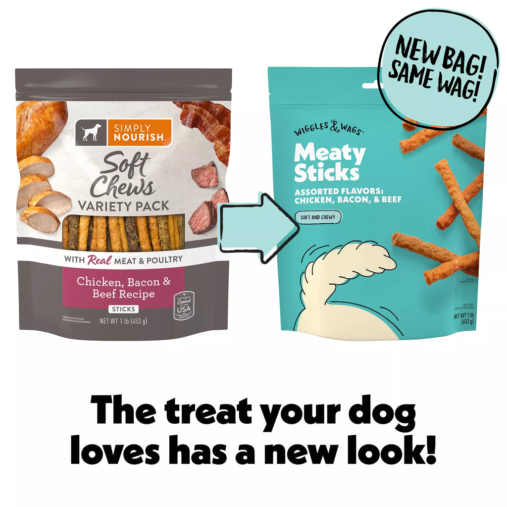 Wiggles & Wags Chicken, Bacon, Beef Meaty Sticks Dog Treats 16 OZ