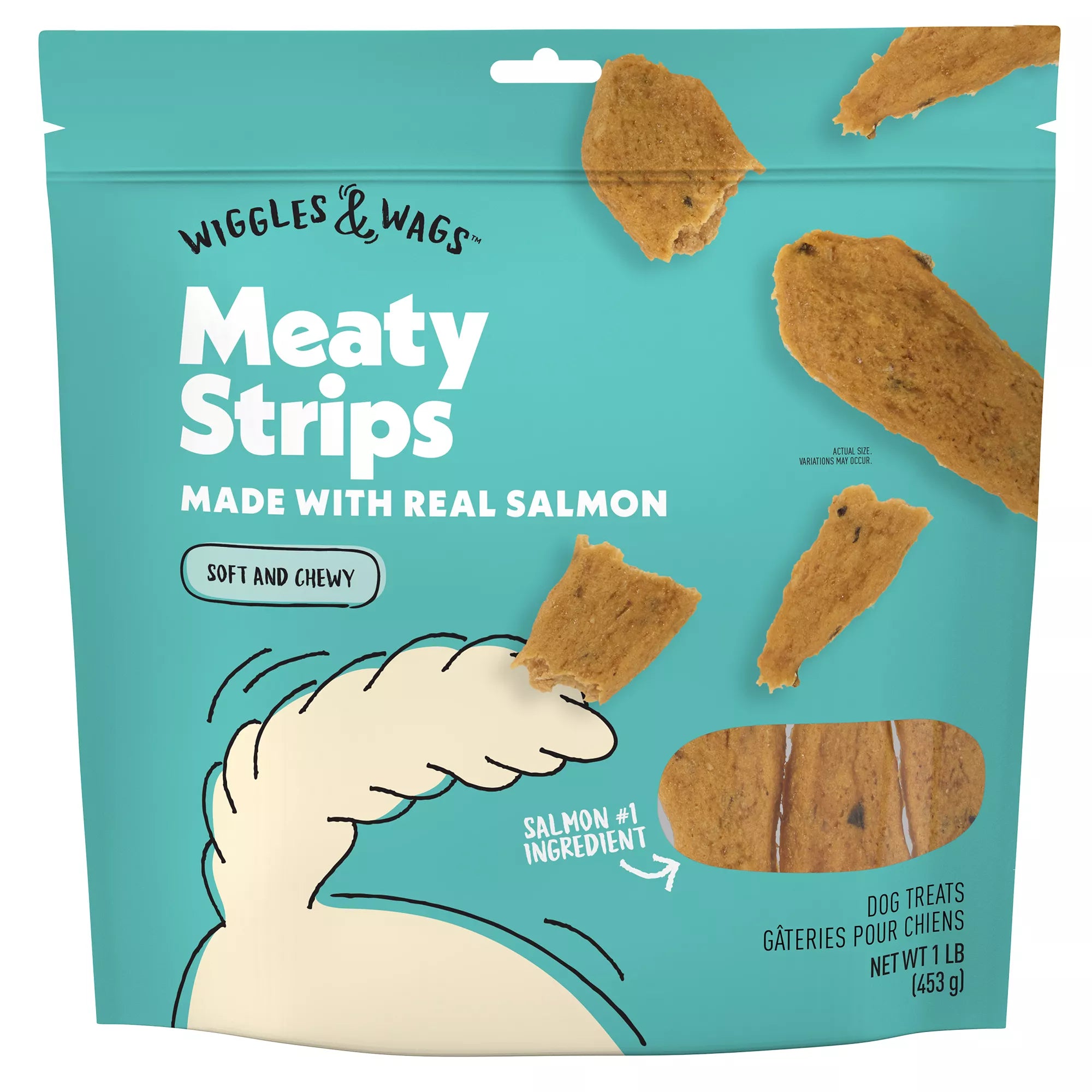 Wiggles & Wags Salmon Meaty Strips Dog Treats 16 OZ