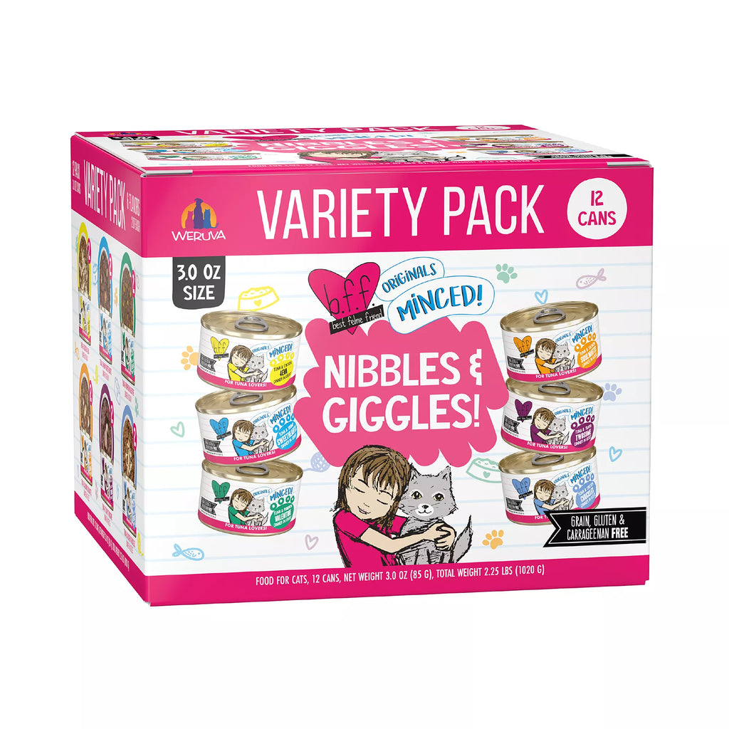 Weruva BFF Nibbles & Giggles Wet Cat Food - Adult - Grain-Free Pet Food, Minced, 12 Count, Pet Food Variety Pack, 36 Oz