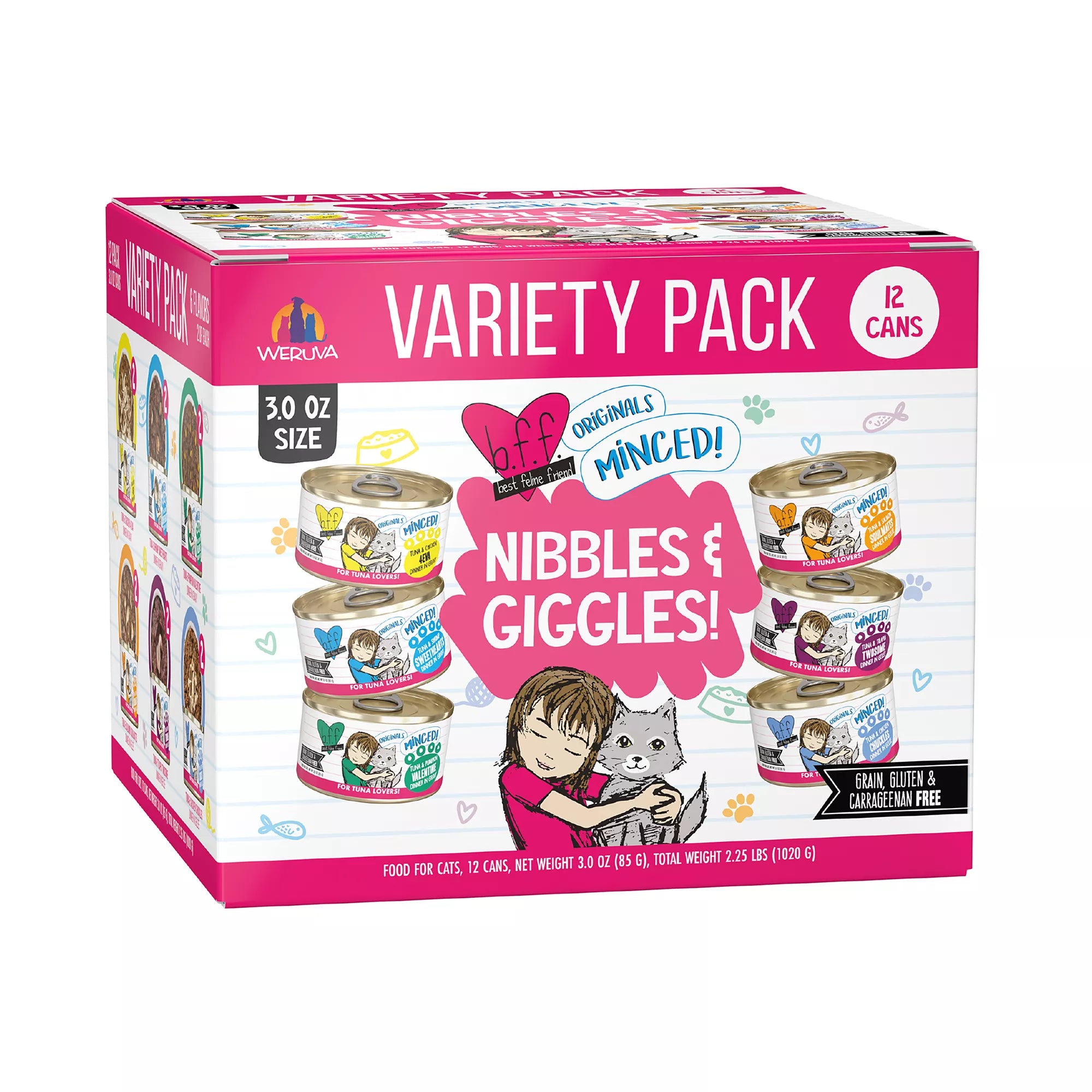 Weruva BFF Nibbles & Giggles Wet Cat Food - Adult - Grain-Free Pet Food, Minced, 12 Count, Pet Food Variety Pack, 36 Oz