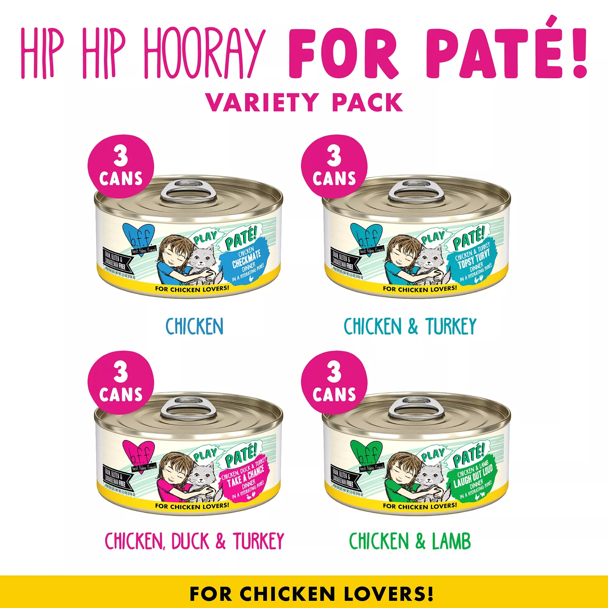 Weruva BFF Hip Hip Hooray For Pate! Wet Cat Food - Adult - Grain-Free Pet Food, 12 Ct, Pet Food Variety Pack, 66 Oz