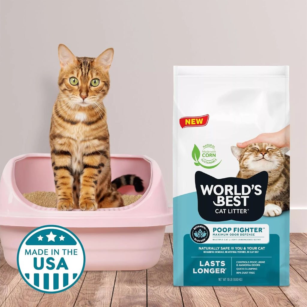 World's Best Cat Litter Poop Fighter Litter - Light Lemongrass Scent, Flushable, Clumping, 15 LB