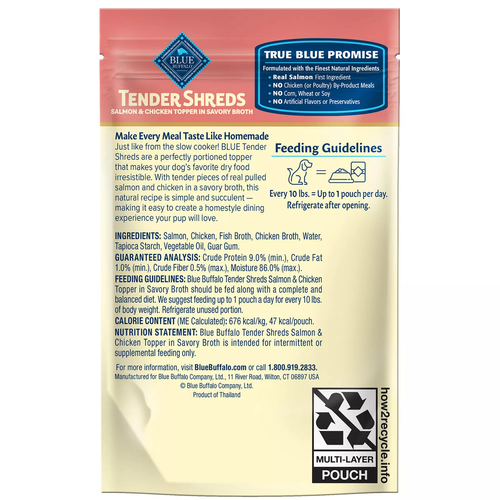 Blue Buffalo Tender Shreds Salmon & Chicken in Savory Broth All Life Stages Dog Food Topper - 2.5 oz