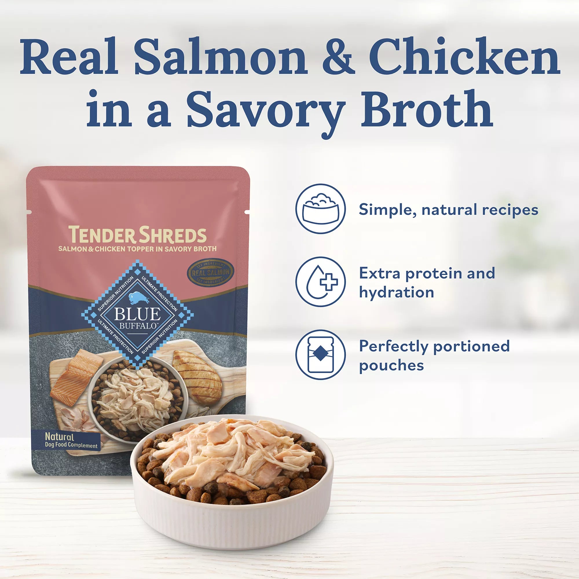 Blue Buffalo Tender Shreds Salmon & Chicken in Savory Broth All Life Stages Dog Food Topper - 2.5 oz