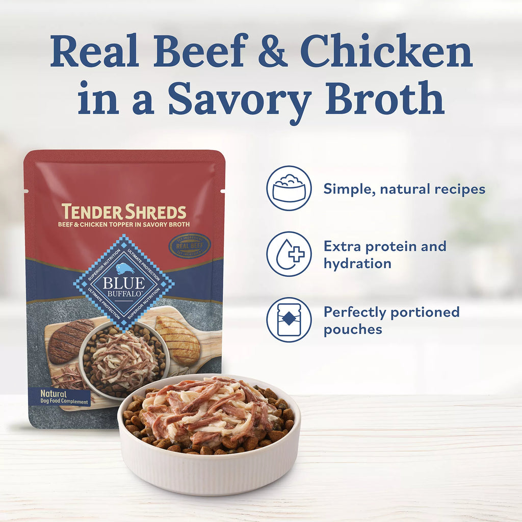 Blue Buffalo Tender Shreds Beef & Chicken in Savory Broth All Life Stages Dog Food Topper - 2.5 oz